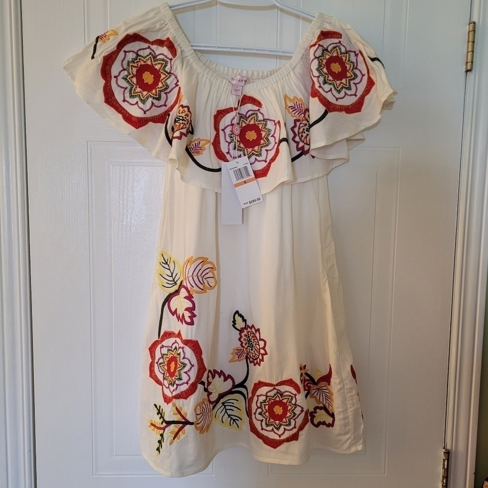 Red Carter NWT ADELAIDE FLORAL EMBROIDERED OFF THE SHOULDER MINI SUNDRESS Size S